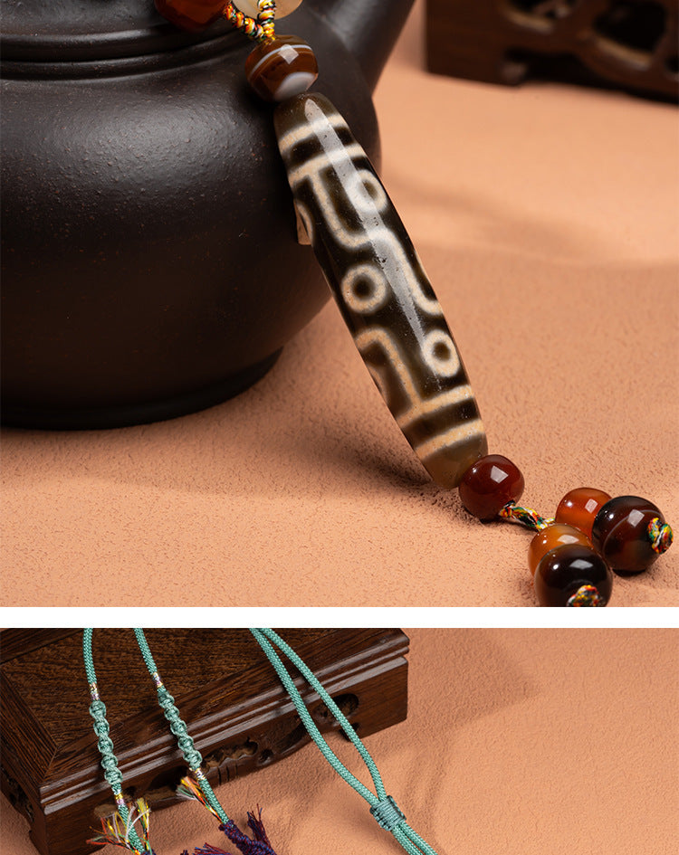 Natural Yellow Nine-Eyed Dzi Bead Necklace, Taiwanese Agate Pendant, Men's and Women's Couple's Braided Necklace, Ready for Sale