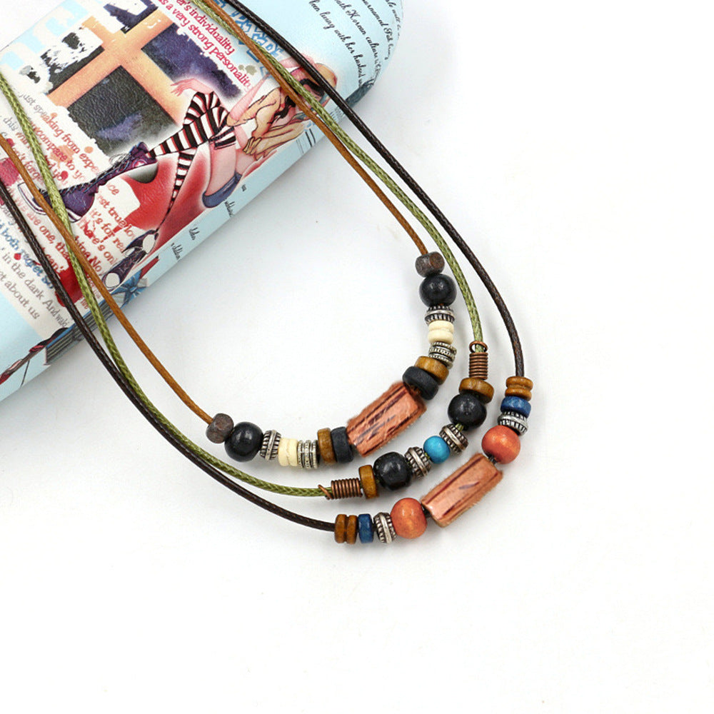 Vintage Bohemian Necklace Ethnic Style Multi-Layer Wooden Beads Long Necklace Beaded Woven Collar All-Match High-Level Sense