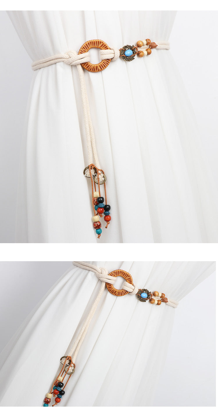Cotton Rope Belt Women's High-end Retro Accessories Decorative Dress Ethnic Waist Rope Beige Fashion All-match Jeans