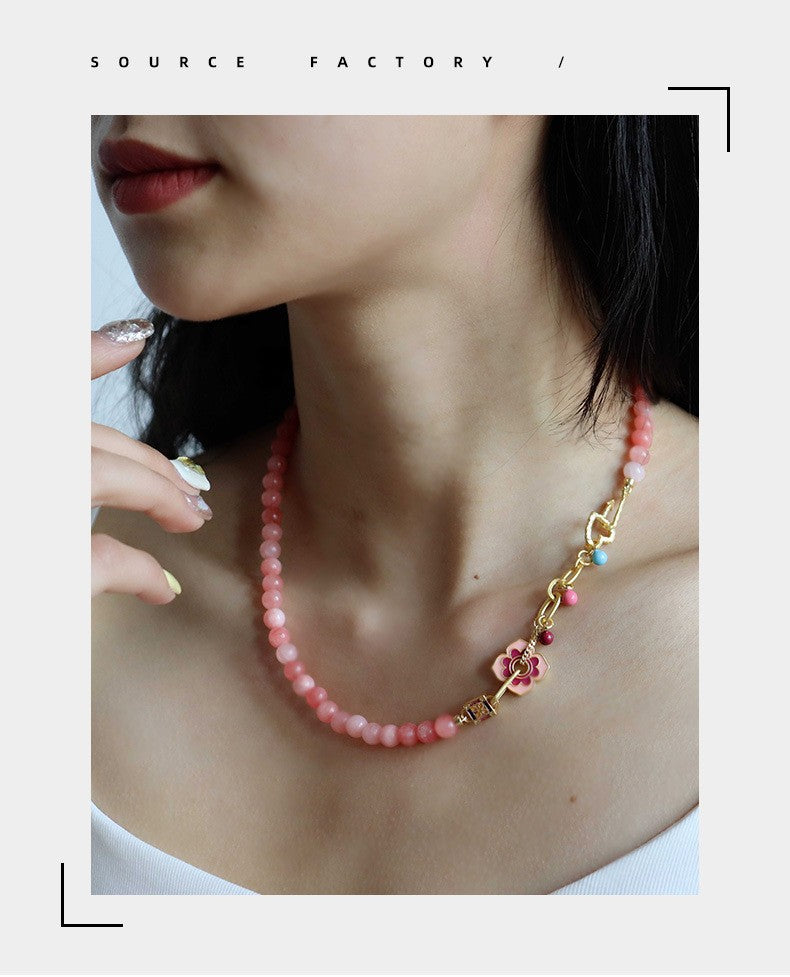 New Chinese Color Oil Dropping Enamel Natural Stone Beaded Necklace Entry Luxury High Fashion Exquisite All-match Clavicle Chain for Women