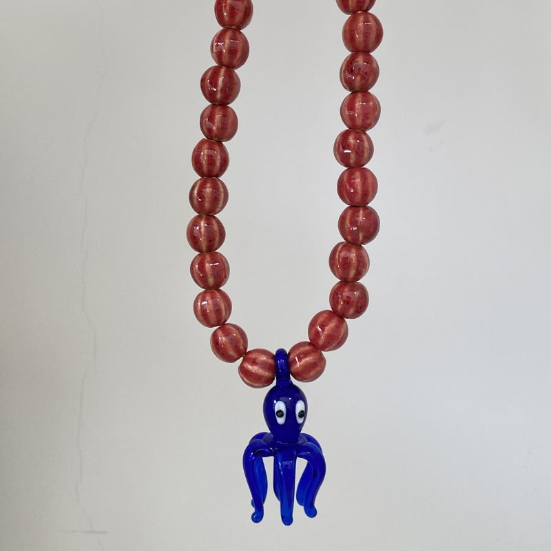 Glass Octopus Pendant Necklace European and American Niche Design Stylish Island Resort Style Fashion Ceramic Beaded Clavicle Chain