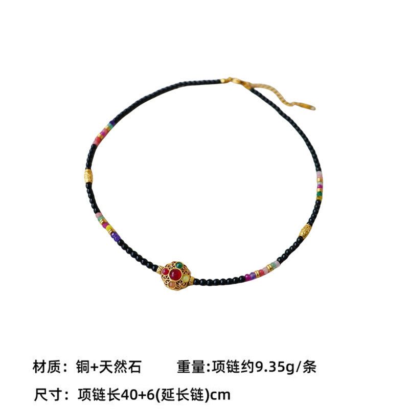 New Chinese Color Oil Dropping Enamel Natural Stone Beaded Necklace Entry Luxury High Fashion Exquisite All-match Clavicle Chain for Women