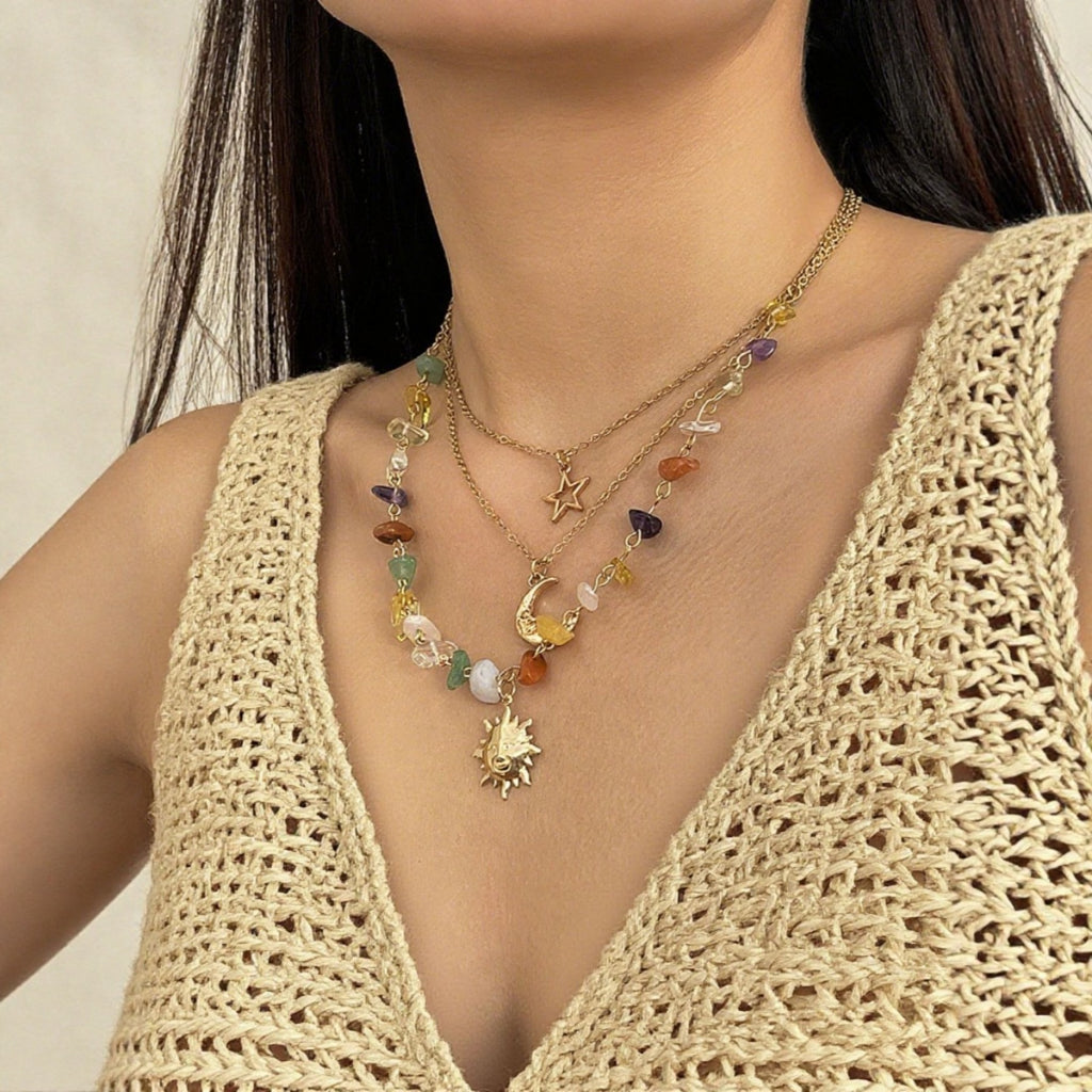 European and American Cross-Border Colorful Asymmetrical Gravel Beaded Necklace for Women, Sweet and Cool Moon and Sun Stacked Neck Necklace Jewelry