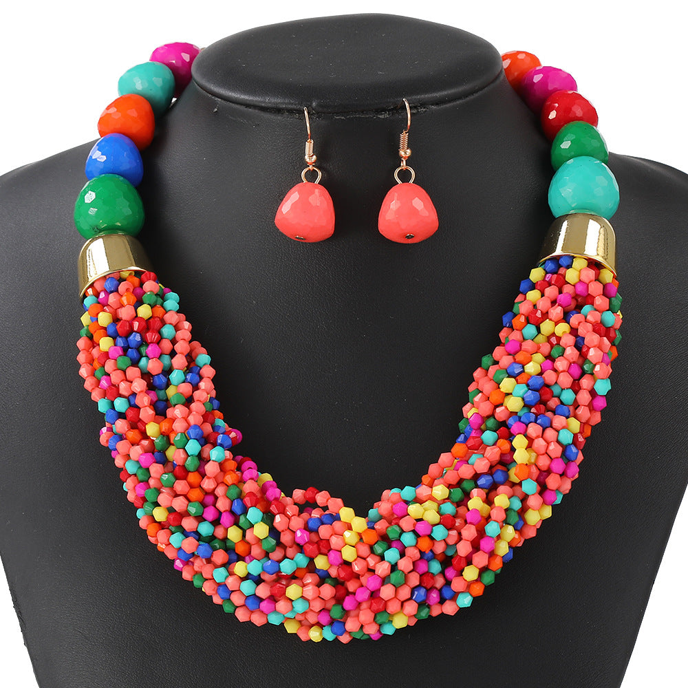 Cross-Border Woven Three-Piece Set of Beaded Rice Beads Multi-Layer Exaggerated Retro Ethnic Style Bohemian Necklace Set for Women