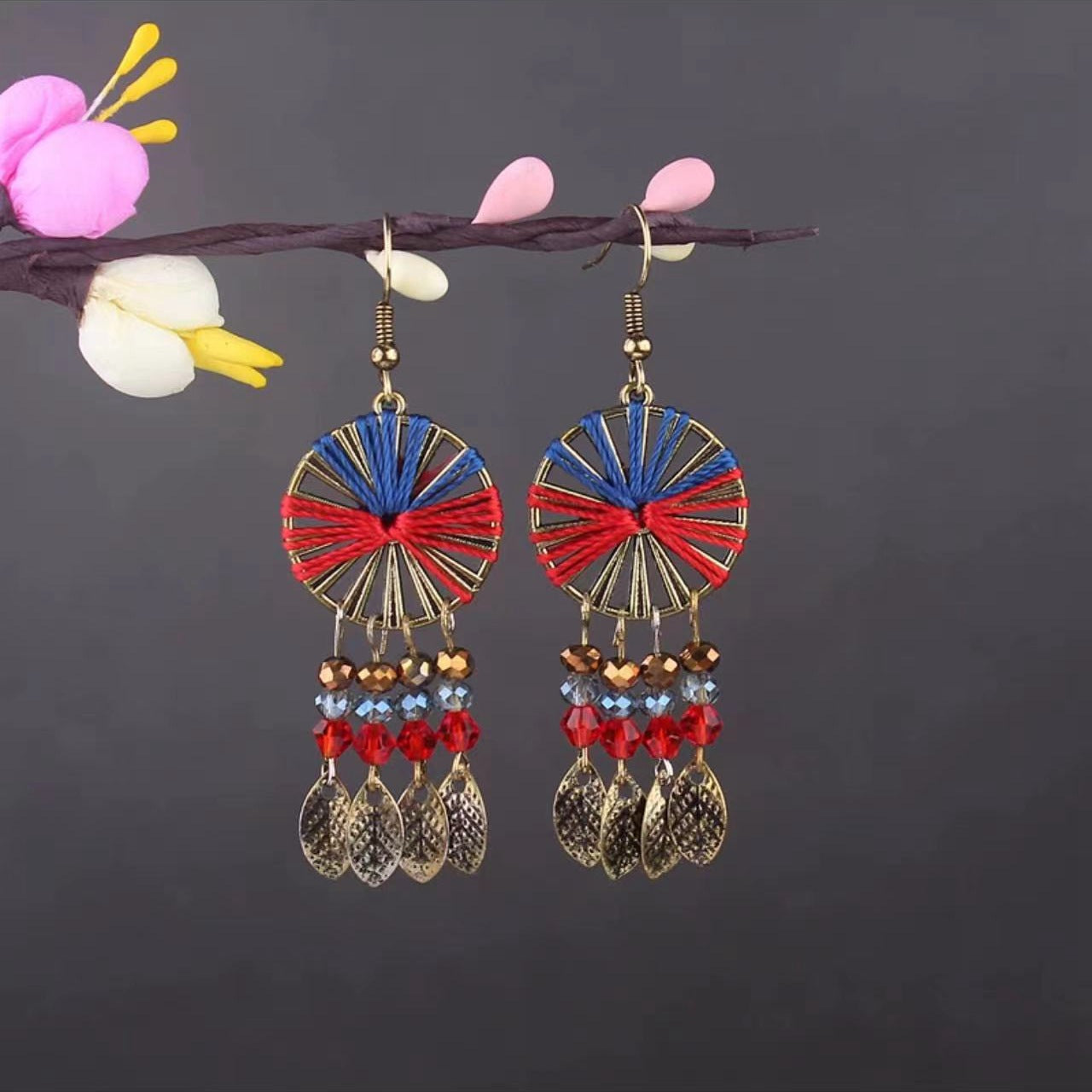 Bohemian Turquoise Earrings European and American Retro Owl Geometric Dreamcatcher Feather Tassel Earrings Women