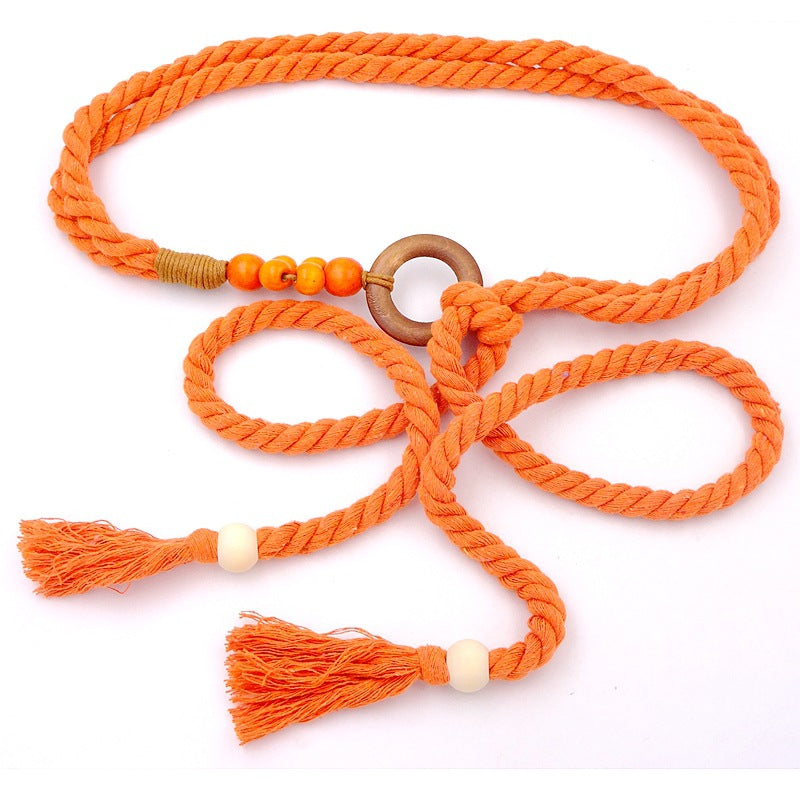 Ethnic Style Retro Belt Accessories High-End Yellow Women's Decoration with Skirt Knotted Braided Hemp Rope Waist Rope Tie