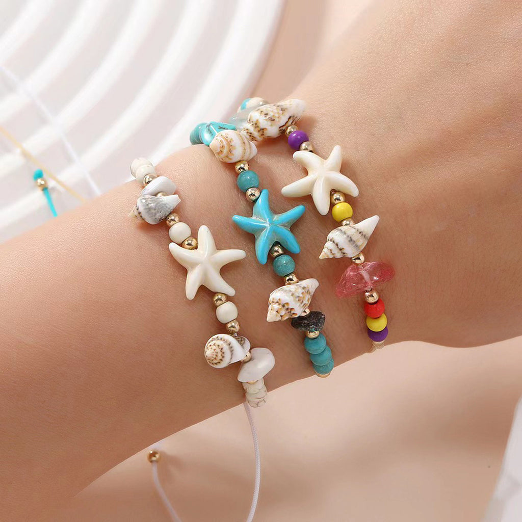 Amazon Hot Sale Irregular Gravel Starfish Conch Woven Bracelet Summer Beach Ocean Wind Adjustable Bracelet