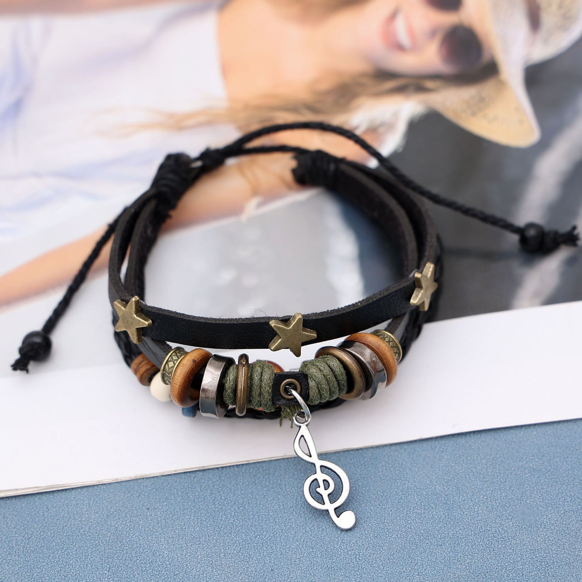 New Chinese Style Braided Leather Star Beaded Note Bracelet Retro Ethnic Style Exotic Stylish Niche Hand Jewelry