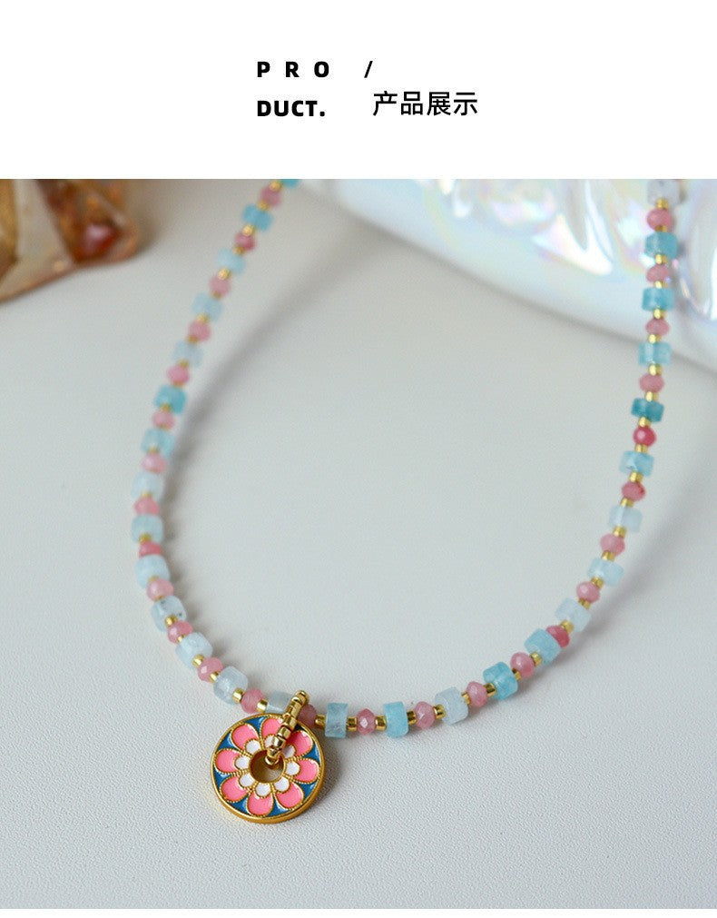 New Chinese Color Oil Dropping Enamel Natural Stone Beaded Necklace Entry Luxury High Fashion Exquisite All-match Clavicle Chain for Women