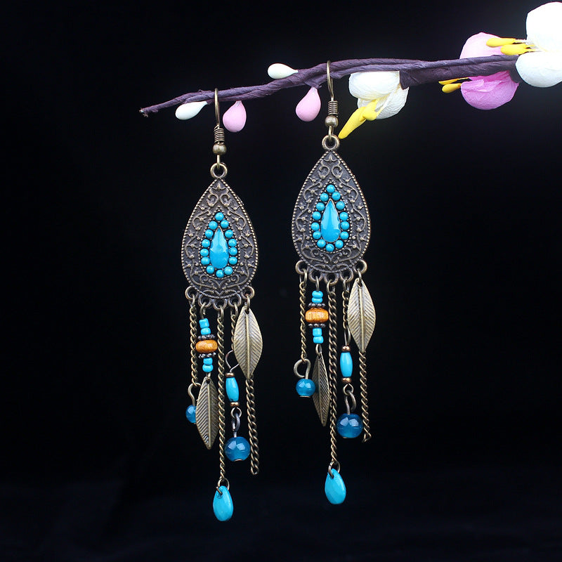 Bohemian Turquoise Earrings European and American Retro Owl Geometric Dreamcatcher Feather Tassel Earrings Women