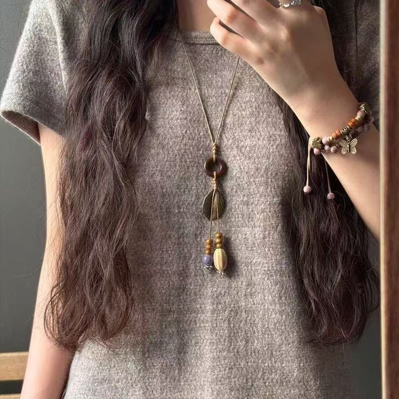 New Chinese Style Retro Ceramic Pendant Long Leaf Tassel Necklace Niche High-End Bohemian Style Clavicle Chain