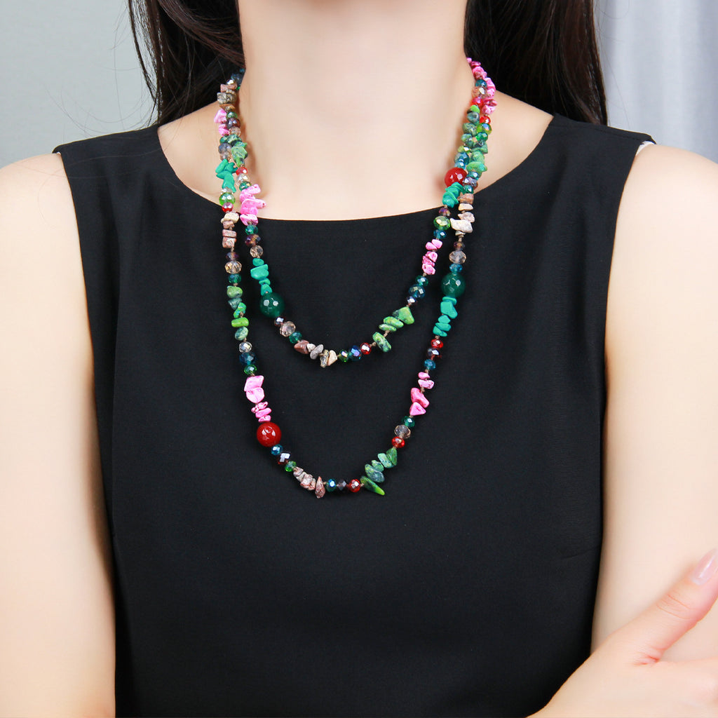 Amazon Cross-border European and American Ethnic Style Color Agate Crystal Beaded Long Necklace Women's Double-layer Woolen Chain Jewelry