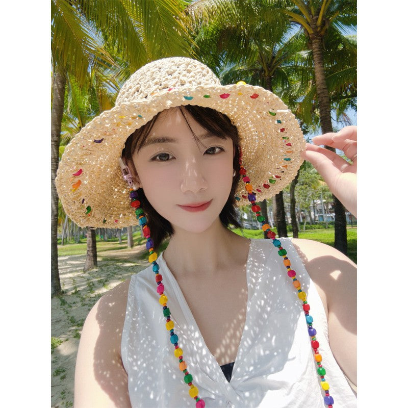 Korean Ins Colorfulful Beaded Straw Fisherman Hat Summer Seaside Vacation Sun Protection Straw Hat Foldableable Hat