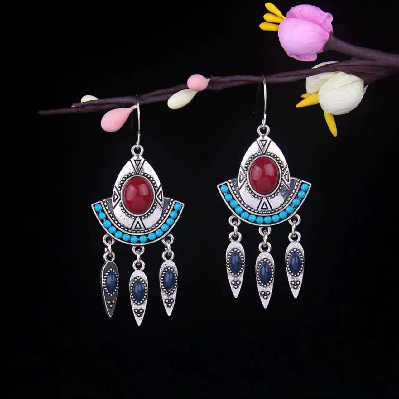 Bohemian Turquoise Earrings European and American Retro Owl Geometric Dreamcatcher Feather Tassel Earrings Women