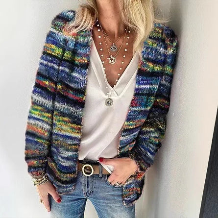 2024 autumn and winter Europe and the United States cross-border Amazon foreign trade loose-fitting comfortable leisure color women printed knitted cardigan women