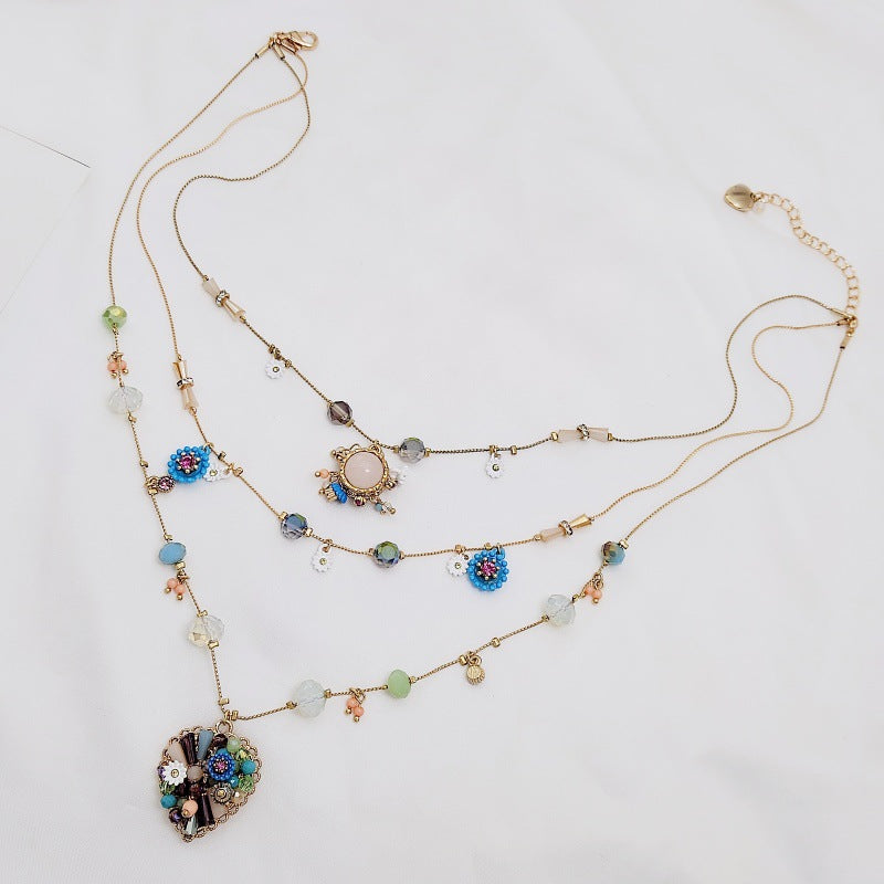 European and American Retro Style Marked Fashionable Design Small Flower Geometric Matchinging Multi-Layered Romantic Fashion Diamond Necklace