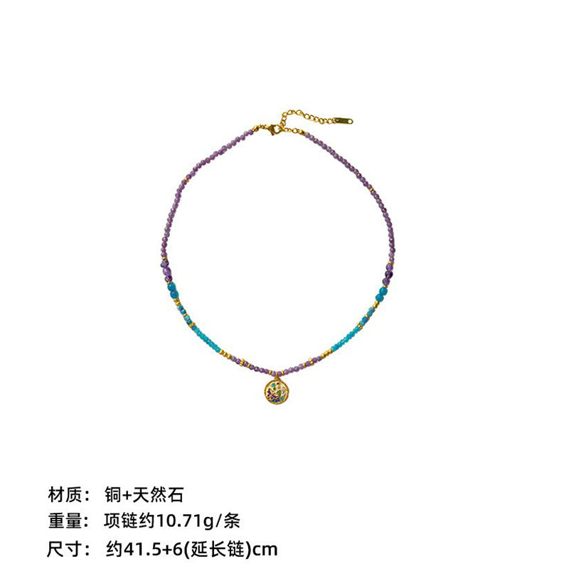 New Chinese Color Oil Dropping Enamel Natural Stone Beaded Necklace Entry Luxury High Fashion Exquisite All-match Clavicle Chain for Women