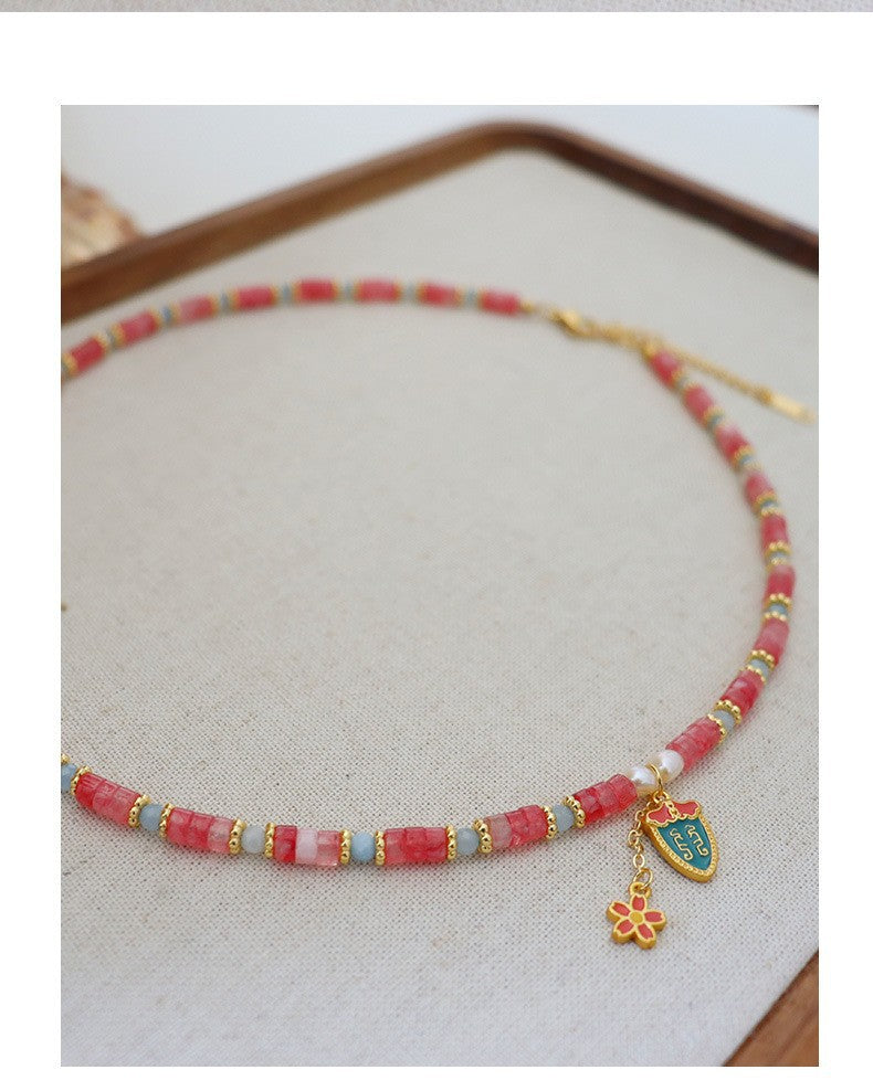 New Chinese Color Oil Dropping Enamel Natural Stone Beaded Necklace Entry Luxury High Fashion Exquisite All-match Clavicle Chain for Women