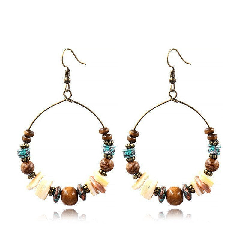 Cross-border Accessories European and American Fashion Bohemian Handmade Beaded Earrings Shell Wooden Beads Big Ear Ring Earrings