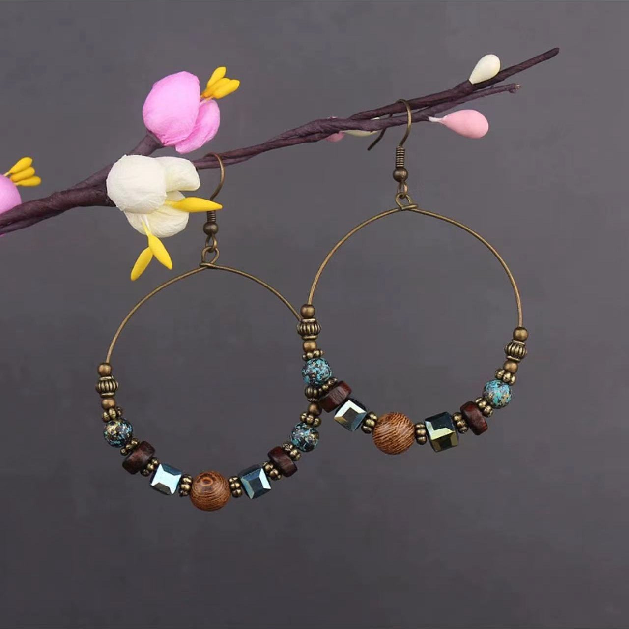 Bohemian Turquoise Earrings European and American Retro Owl Geometric Dreamcatcher Feather Tassel Earrings Women