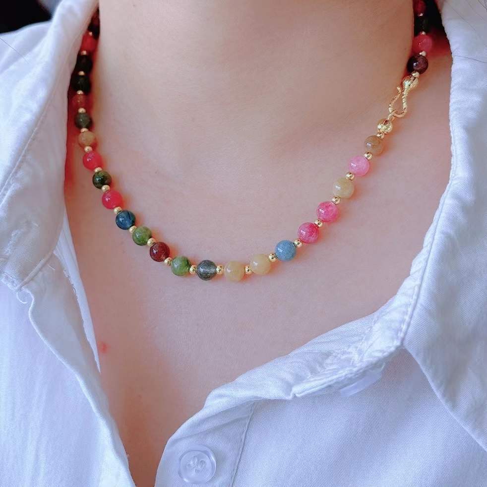 European and American Color Natural Stone Necklace Handmade Beaded Light Luxury Niche Qingdao Foreign Trade Advanced Accessories Clavicle Chain