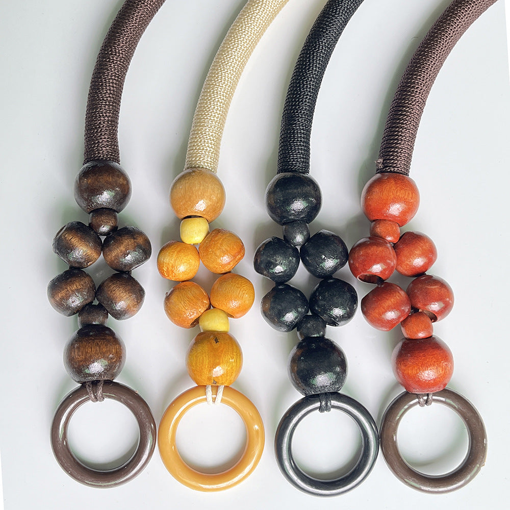 33/37/47 Wooden Bead Handle Rattan Woven Basket Carrying Ring Vintage Beaded Accessories Nylon Rope Handle