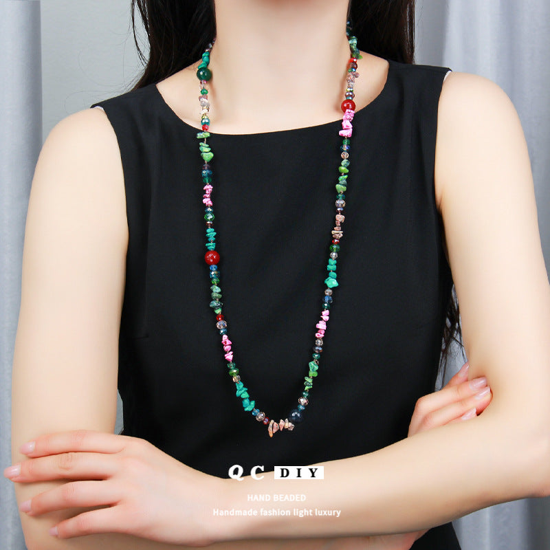 Amazon Cross-border European and American Ethnic Style Color Agate Crystal Beaded Long Necklace Women's Double-layer Woolen Chain Jewelry
