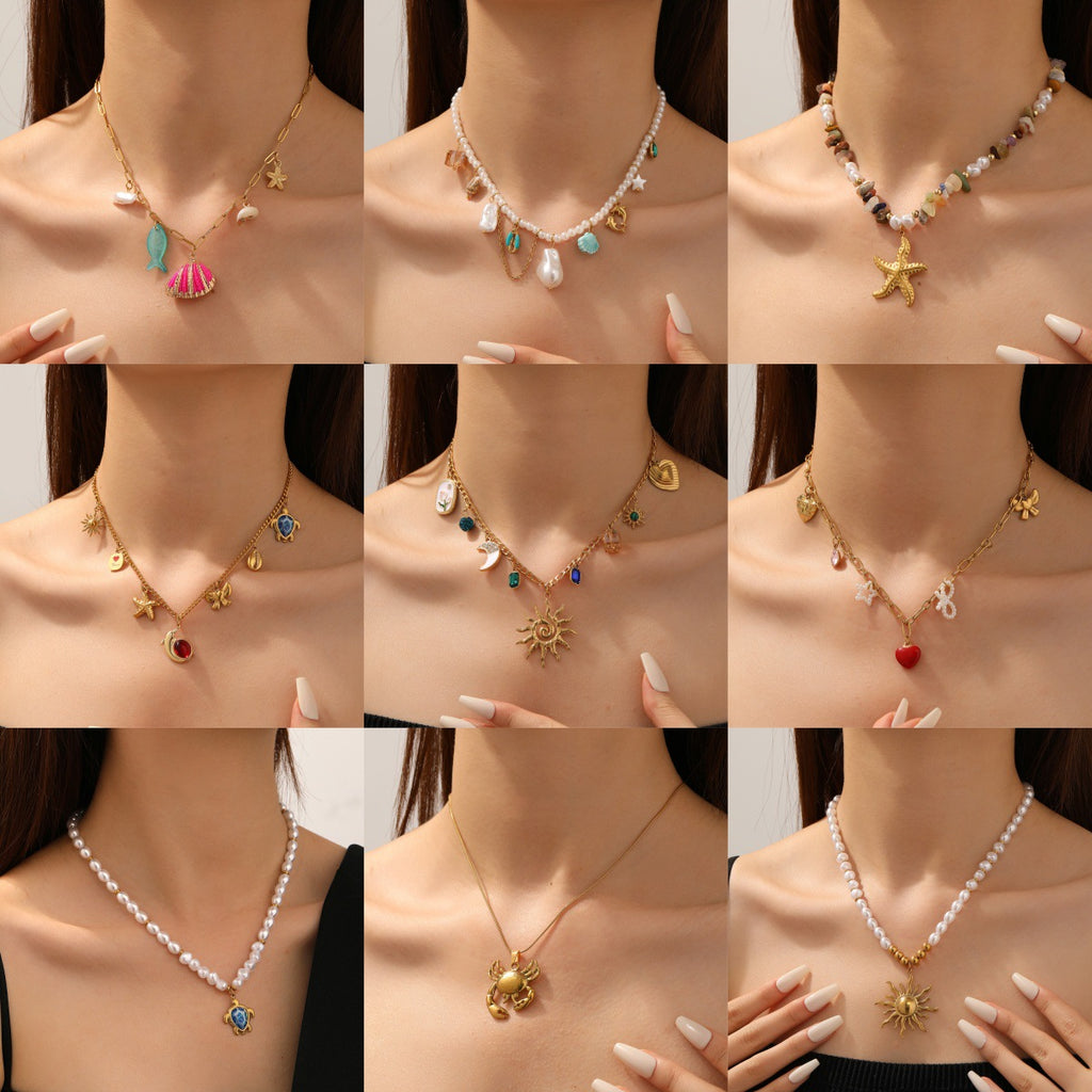 Cross-Border Stainless Steel Necklace Shell Titanium Steel Pendant New Pearl Jewelry Seaside Accessories European and American Non-Fading Jewelry