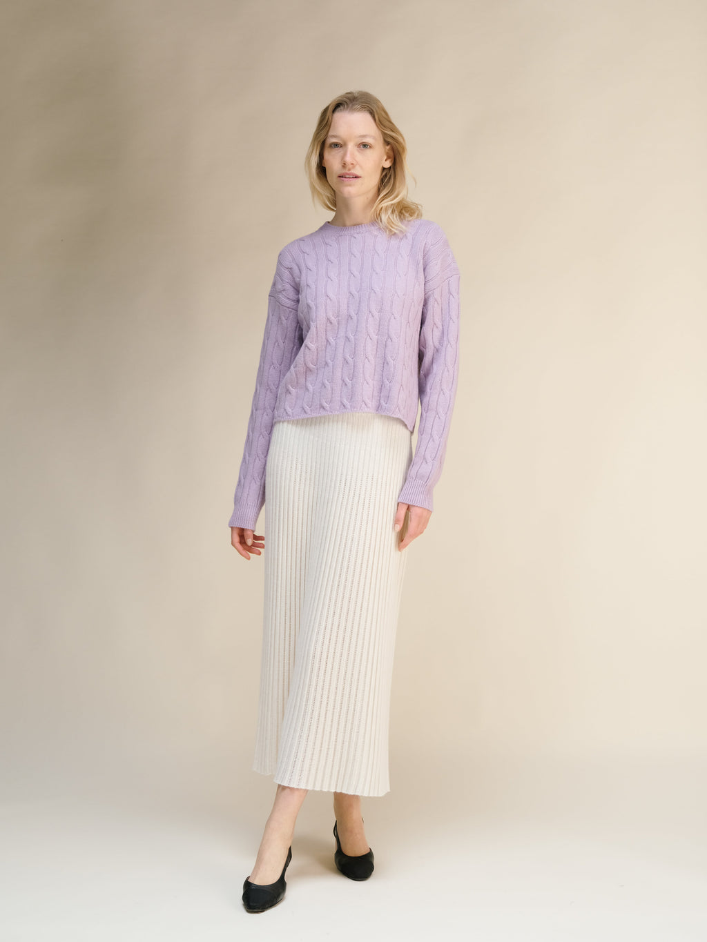 Maglia A Treccia Cashmere Mix Girocollo Taglio Corto