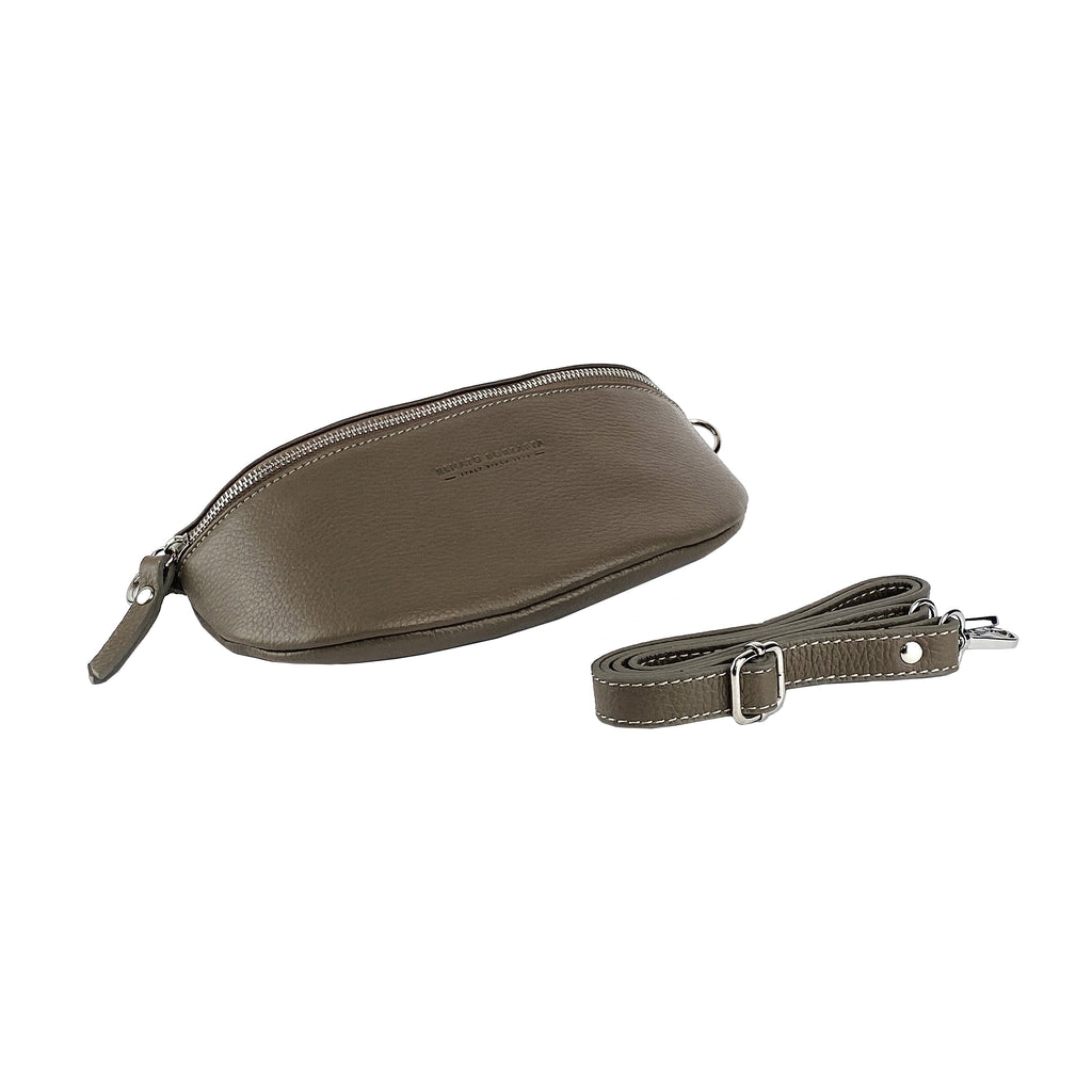 RB1015AQ | Fanny pack with removable shoulder strap in Genuine Leather Made in Italy. Polished Nickel metal snap hook attachments - Taupe color - Dimensions: 24 x 14 x 7