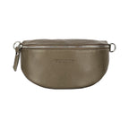 RB1015AQ | Fanny pack with removable shoulder strap in Genuine Leather Made in Italy. Polished Nickel metal snap hook attachments - Taupe color - Dimensions: 24 x 14 x 7