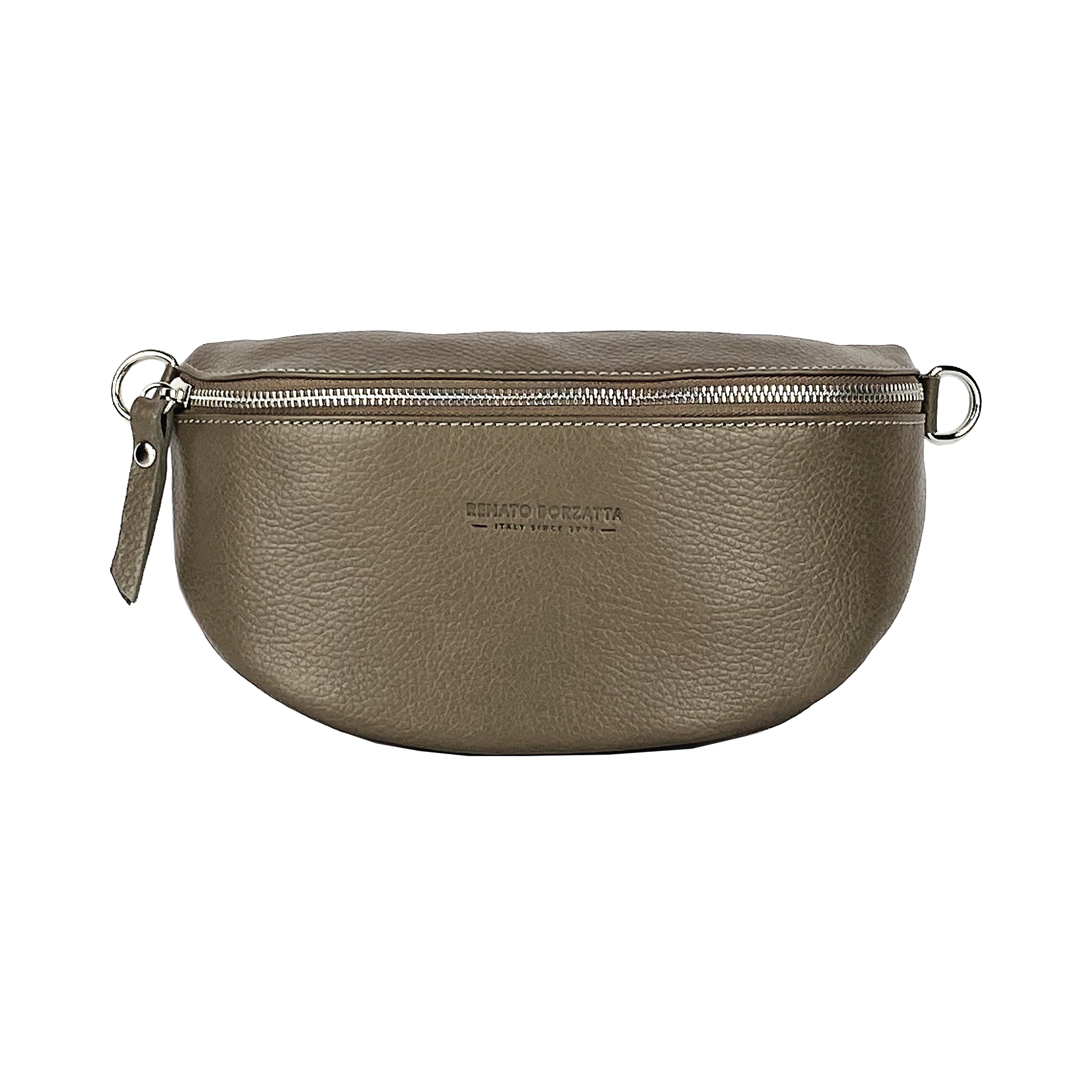RB1015AQ | Fanny pack with removable shoulder strap in Genuine Leather Made in Italy. Polished Nickel metal snap hook attachments - Taupe color - Dimensions: 24 x 14 x 7