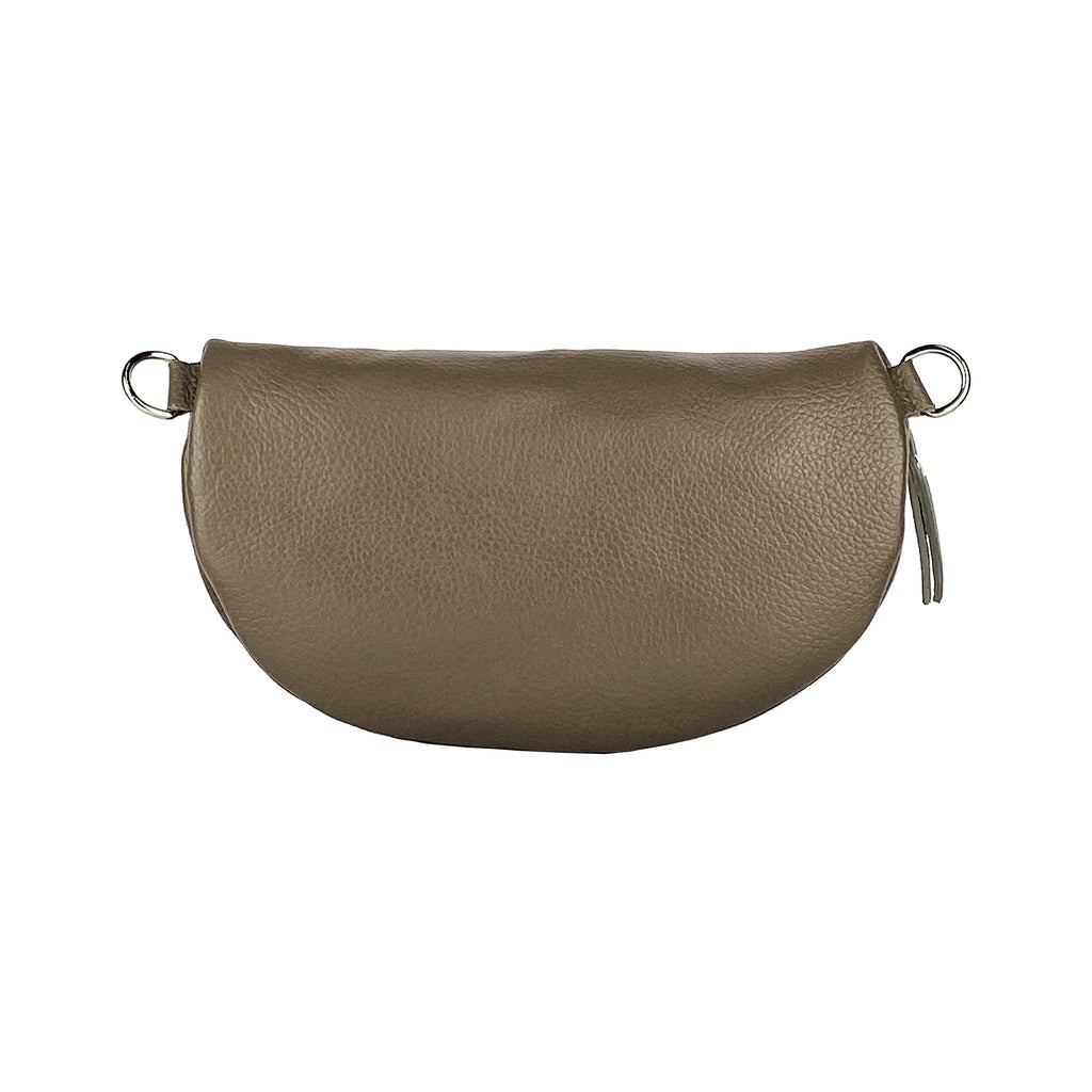 RB1015AQ | Fanny pack with removable shoulder strap in Genuine Leather Made in Italy. Polished Nickel metal snap hook attachments - Taupe color - Dimensions: 24 x 14 x 7