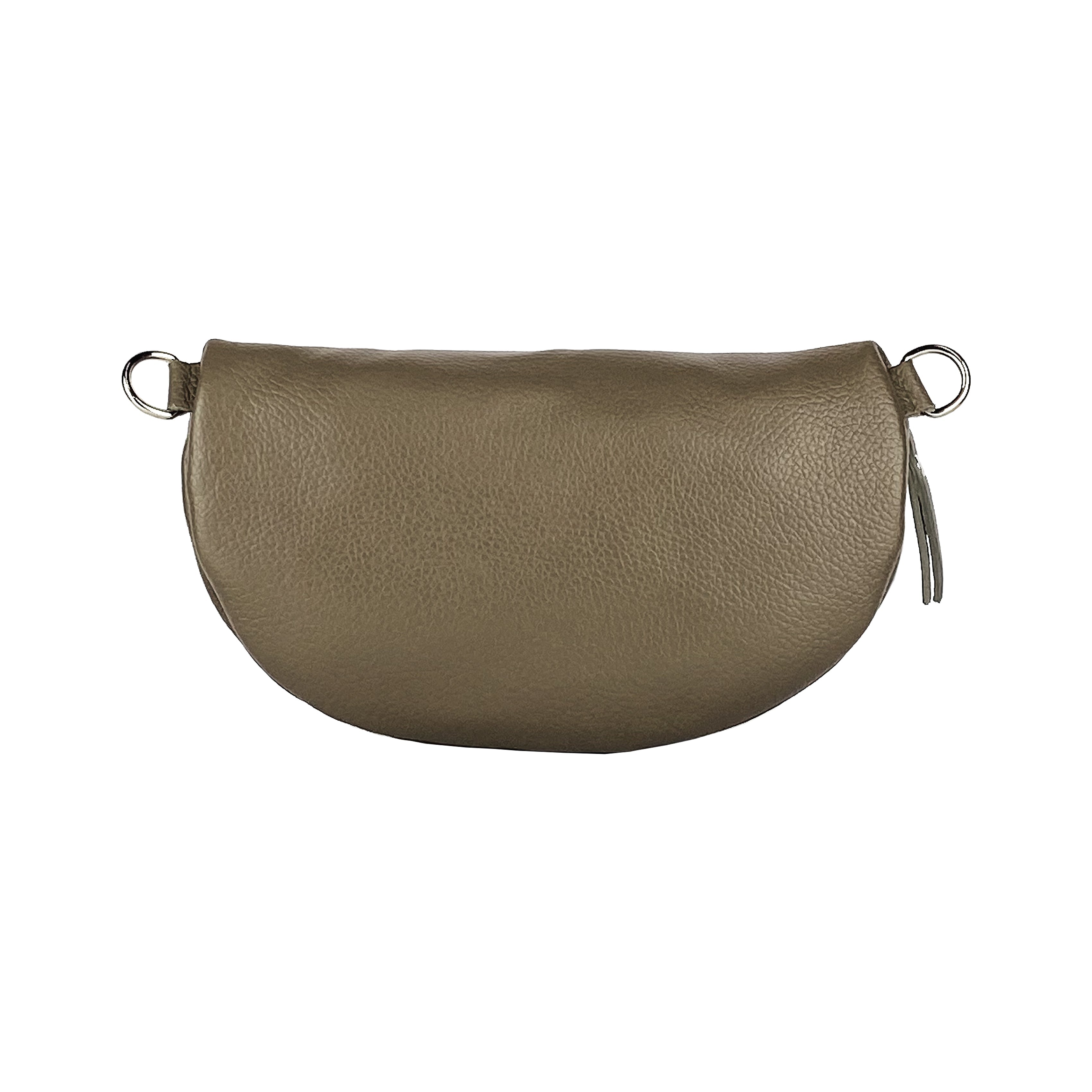 RB1015AQ | Fanny pack with removable shoulder strap in Genuine Leather Made in Italy. Polished Nickel metal snap hook attachments - Taupe color - Dimensions: 24 x 14 x 7