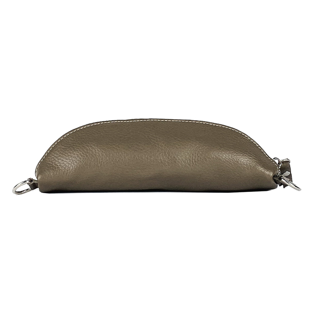 RB1015AQ | Fanny pack with removable shoulder strap in Genuine Leather Made in Italy. Polished Nickel metal snap hook attachments - Taupe color - Dimensions: 24 x 14 x 7