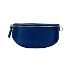 RB1015D | Fanny pack with removable shoulder strap in Genuine Leather Made in Italy. Polished Nickel metal snap hook attachments - Blue color - Dimensions: 24 x 14 x 7