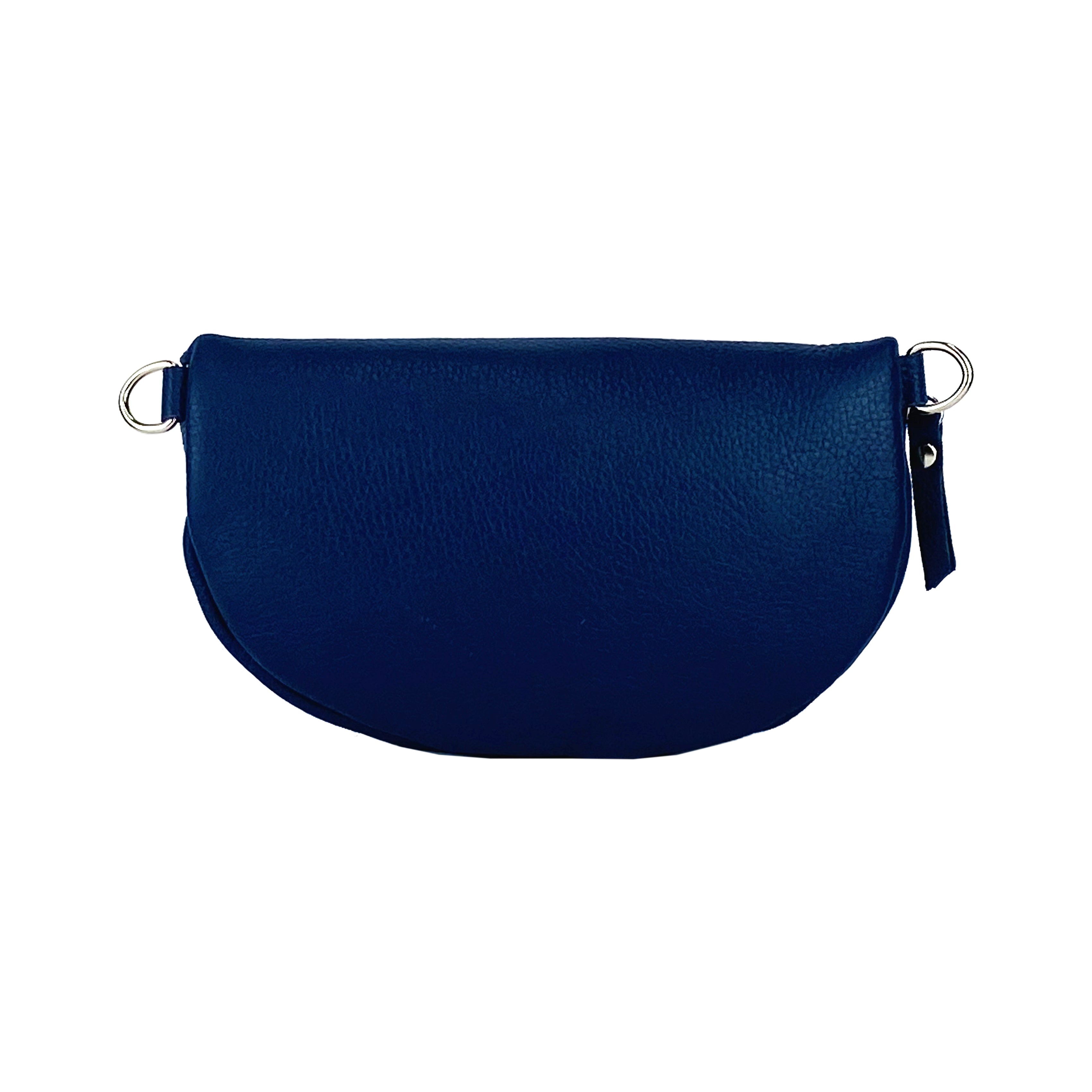 RB1015D | Fanny pack with removable shoulder strap in Genuine Leather Made in Italy. Polished Nickel metal snap hook attachments - Blue color - Dimensions: 24 x 14 x 7
