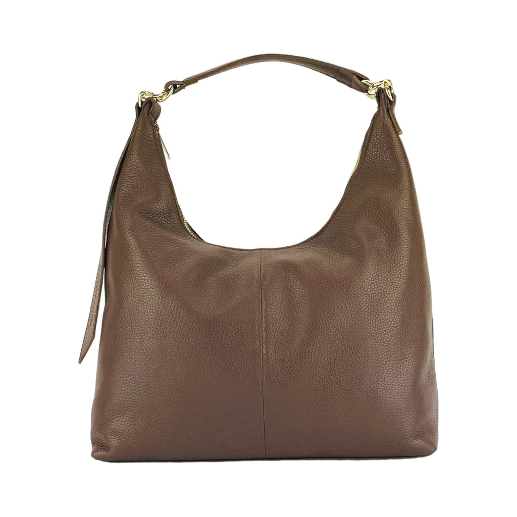 Borsa Morbida a Spalla in Vera Pelle Made in Italy - Manico Singolo e Tracolla Removibile - Ganci Oro Lucido - Colore Cioccolato - 36x40x13 cm