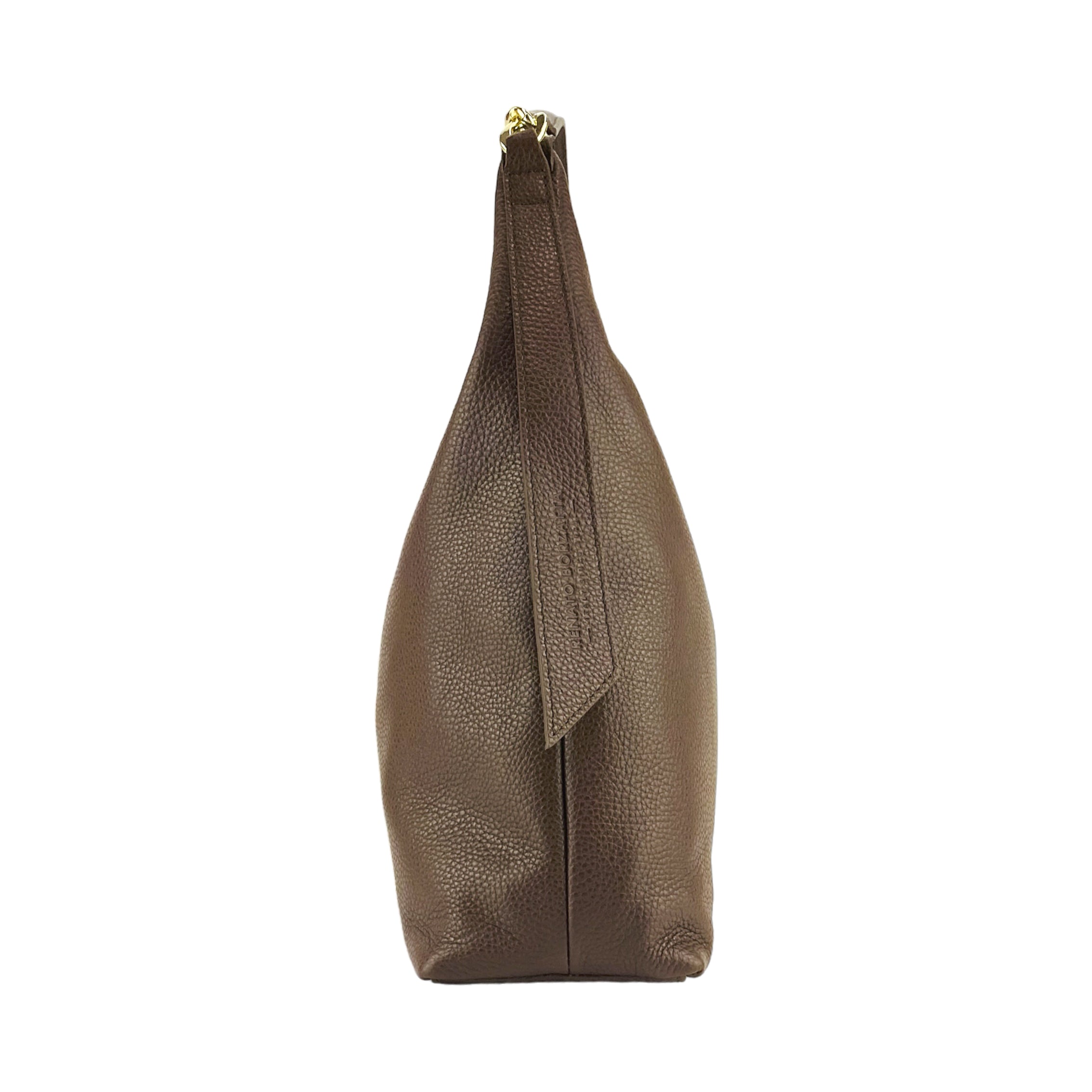 Borsa Morbida a Spalla in Vera Pelle Made in Italy - Manico Singolo e Tracolla Removibile - Ganci Oro Lucido - Colore Cioccolato - 36x40x13 cm