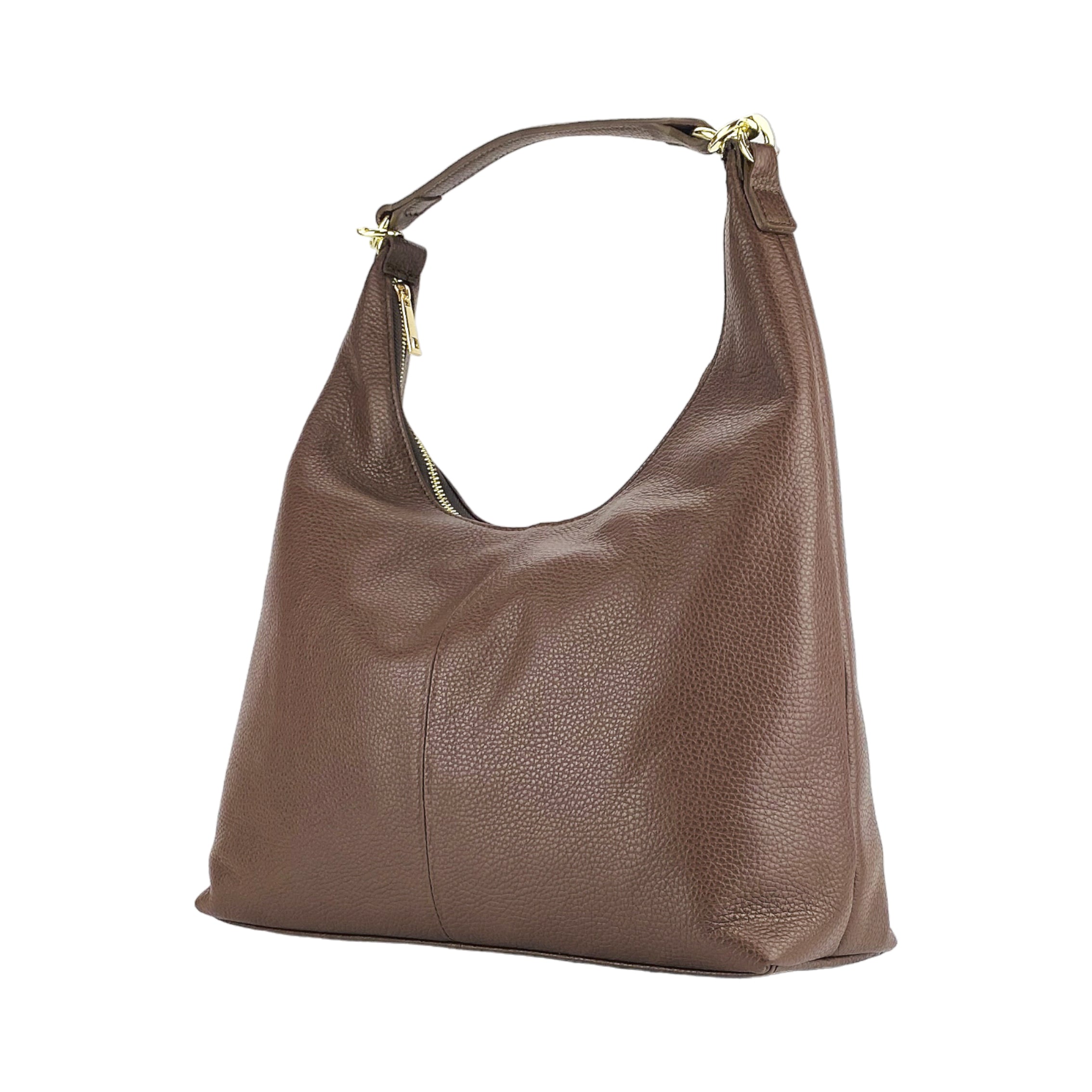 Borsa Morbida a Spalla in Vera Pelle Made in Italy - Manico Singolo e Tracolla Removibile - Ganci Oro Lucido - Colore Cioccolato - 36x40x13 cm