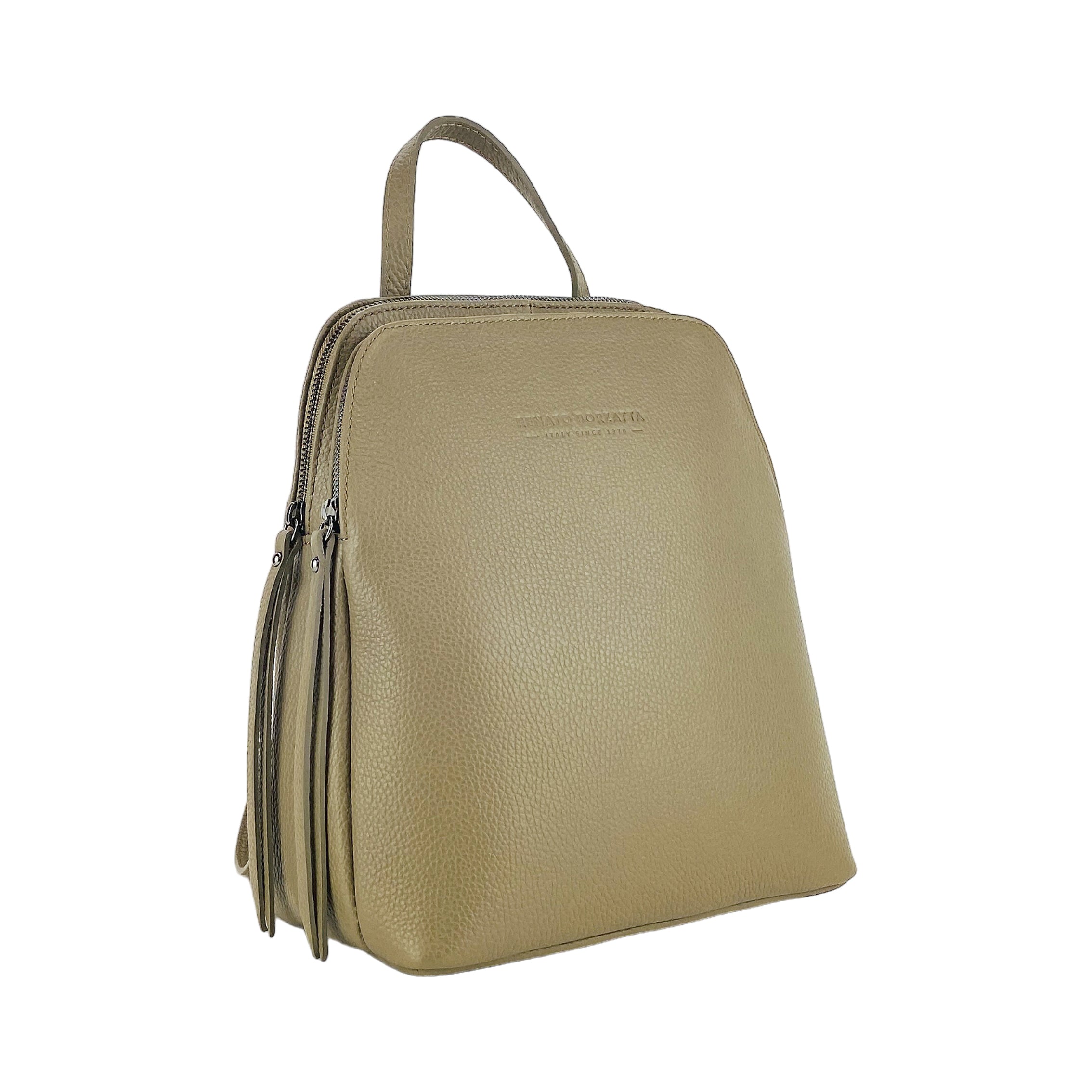 Zaino Doppio Scomparto in Vera Pelle Made in Italy - Tracolla Regolabile - Hardware Gunmetal - Colore Taupe - 26x30x14,5 cm