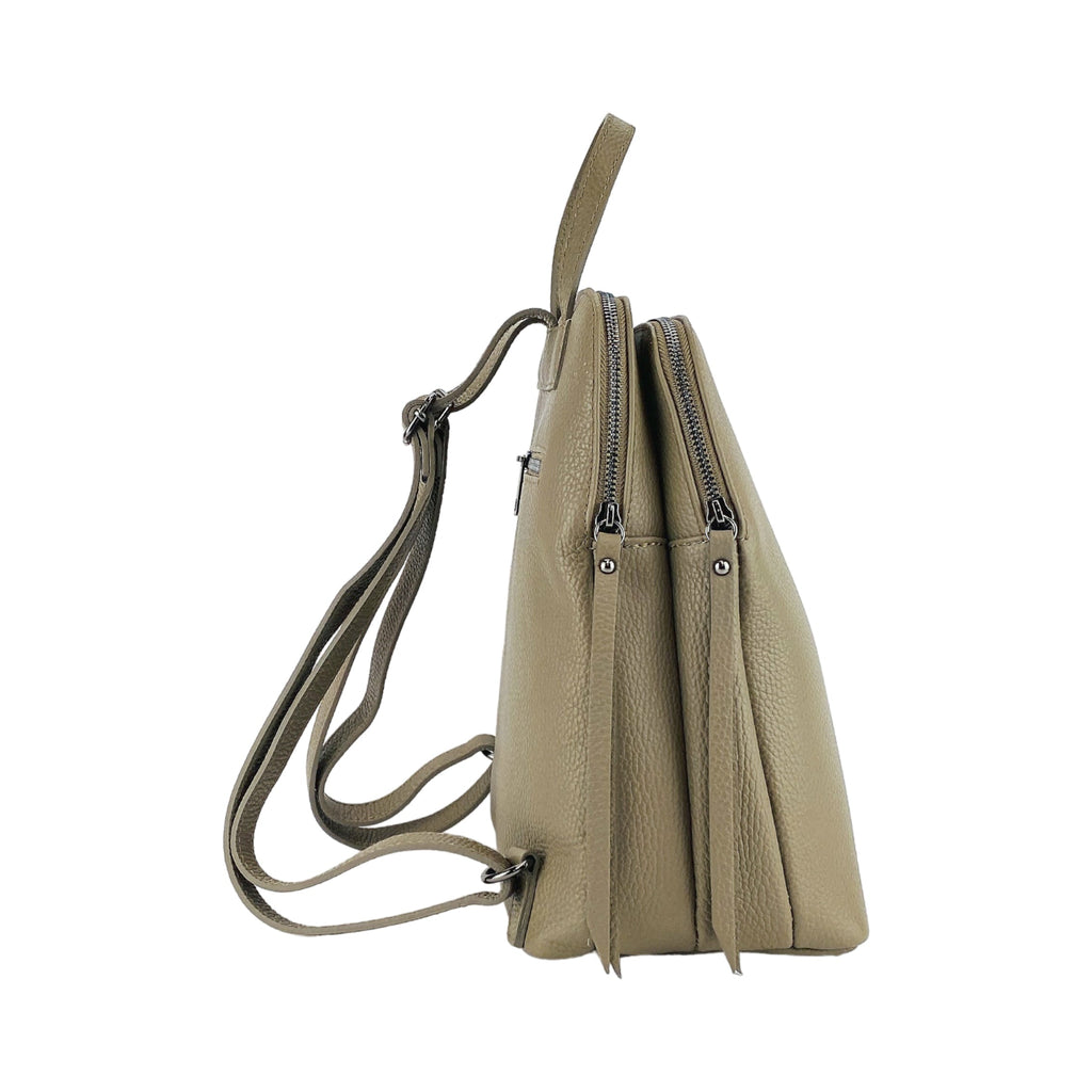 Zaino Doppio Scomparto in Vera Pelle Made in Italy - Tracolla Regolabile - Hardware Gunmetal - Colore Taupe - 26x30x14,5 cm