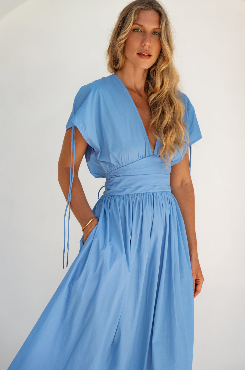 Rafina Dea Abito Maxi In Cotone Puro Con Maniche Raggruppate Elegante Conforto
