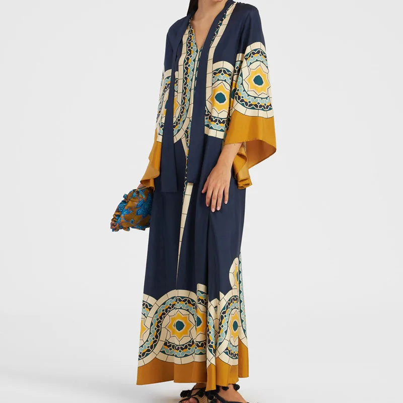 Elegante Abito Lungo a Maniche Lunghe per Feste, Vestito Vintage con Stampa Floreale, Abito Bohémien da Donna con Collo Alto e Vita Alta