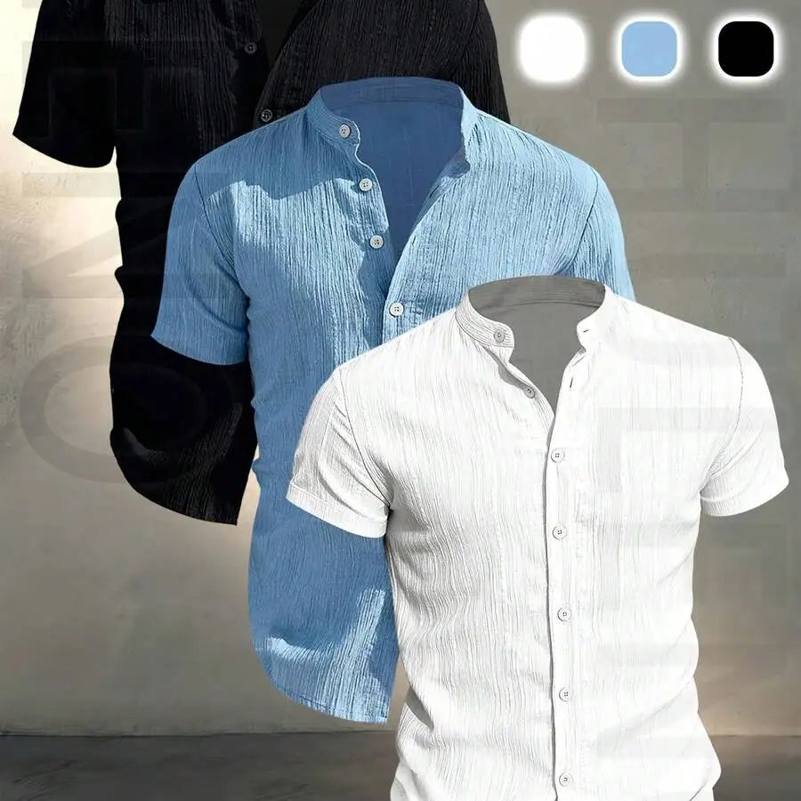 3 pezzi di camicie casual da uomo a maniche corte con colletto rialzato, estive, leggere, traspiranti, tinta unita, con bottoni