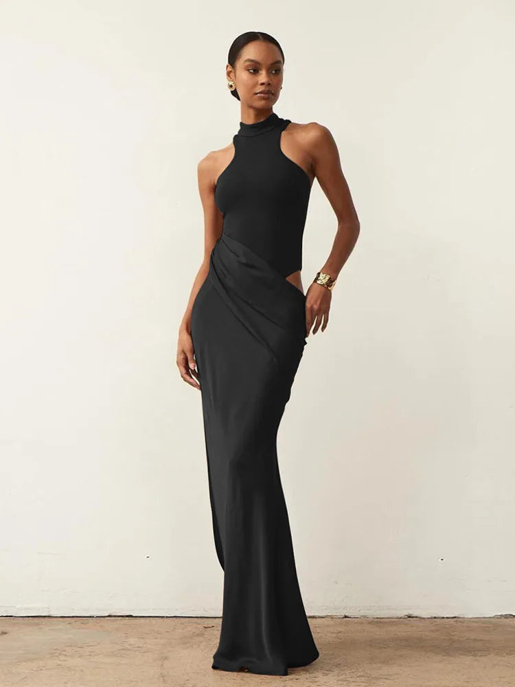 JULISSA MO Abito lungo da donna sexy scollato in raso Abito lungo nero senza maniche a vita alta Donna Autunno Skinny Elegante Party Clubwear