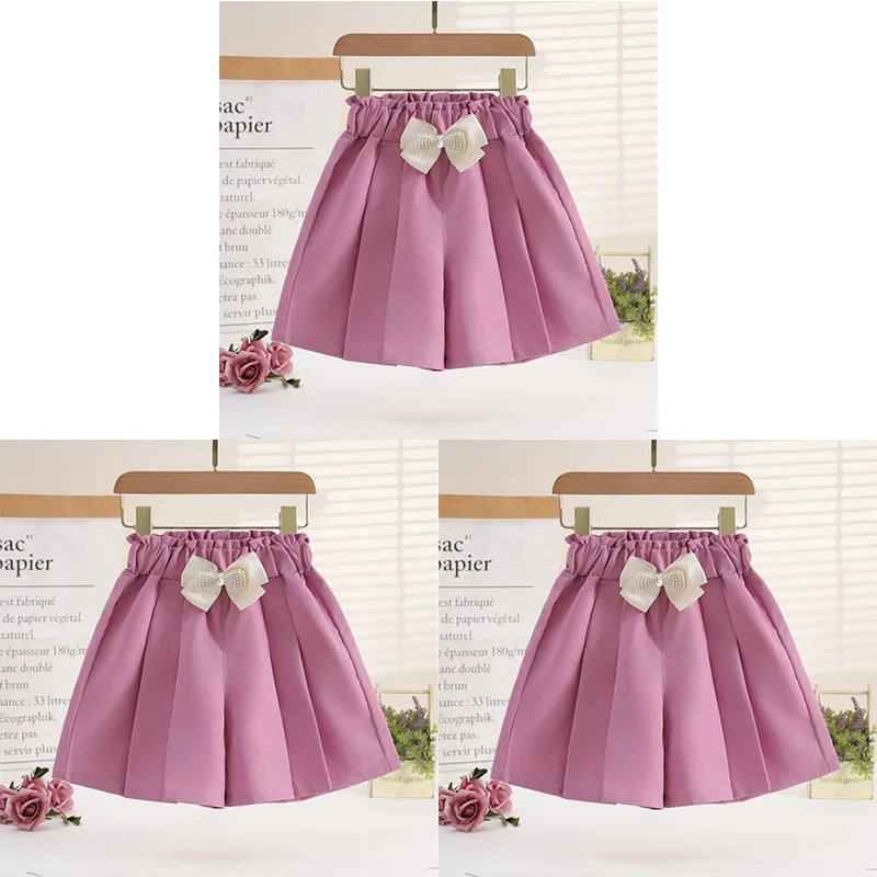 1/2/3 Pezzi Pantaloncini Larghi Estivi per Ragazze, Abbigliamento Casual da Esterno, Pantaloncini Sottili Traspiranti, Gonnellino con Fiocco, Abbigliamento Moda Bambina