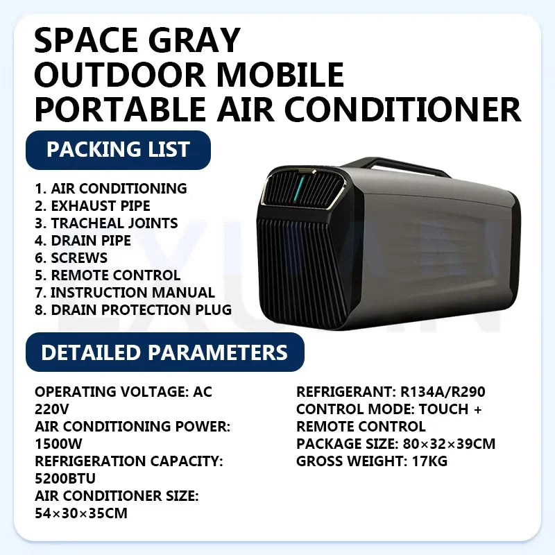 Condizionatore d'aria portatile, climatizzatore mobile per camper, tenda, camion, parcheggio, esterni, auto, campeggio, 220V R290/R134a 5200Btu