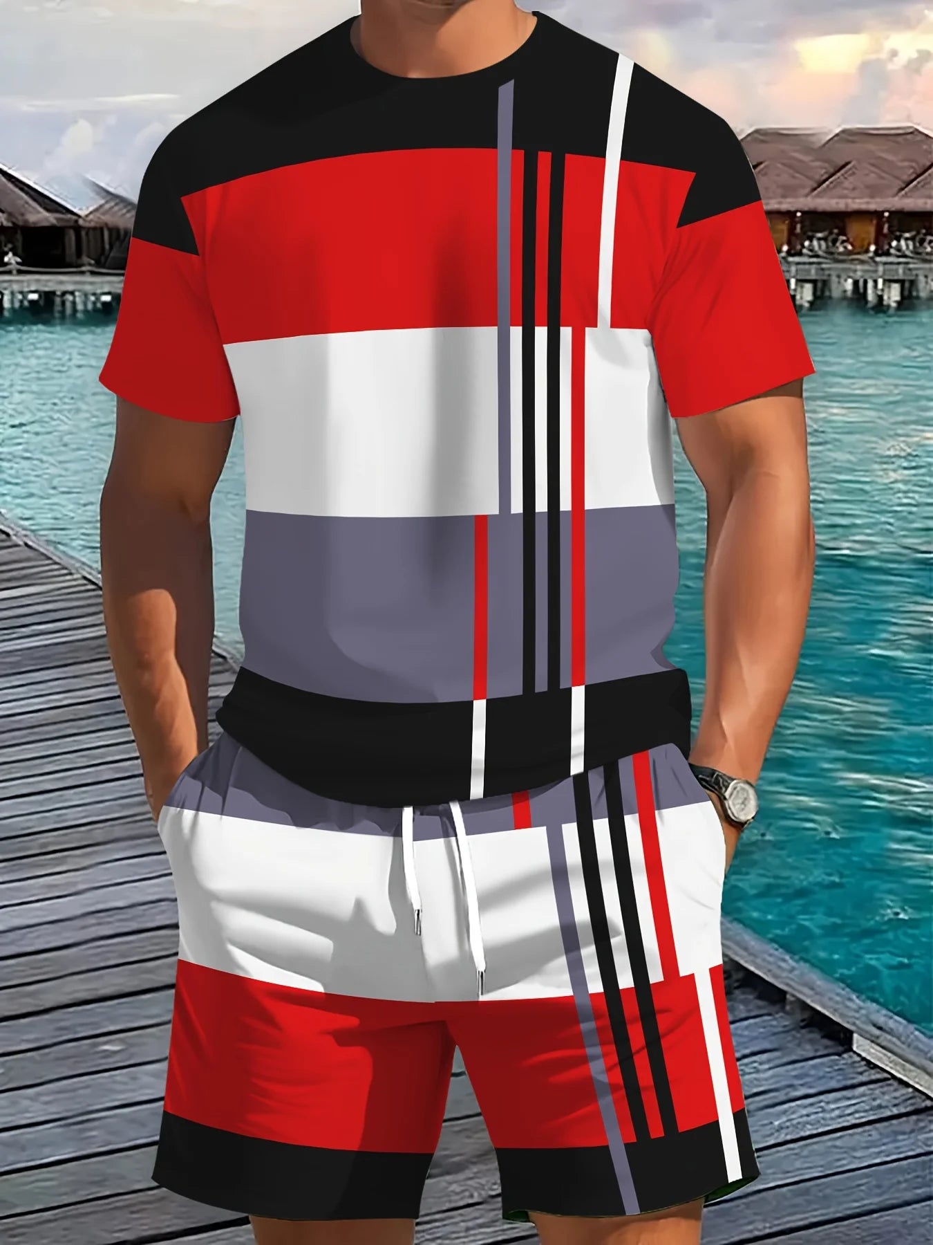 Nuovo arrivo estivo, completo casual da uomo in due pezzi, camicia a maniche corte con stampa a righe e pantaloncini sportivi, set fitness da uomo