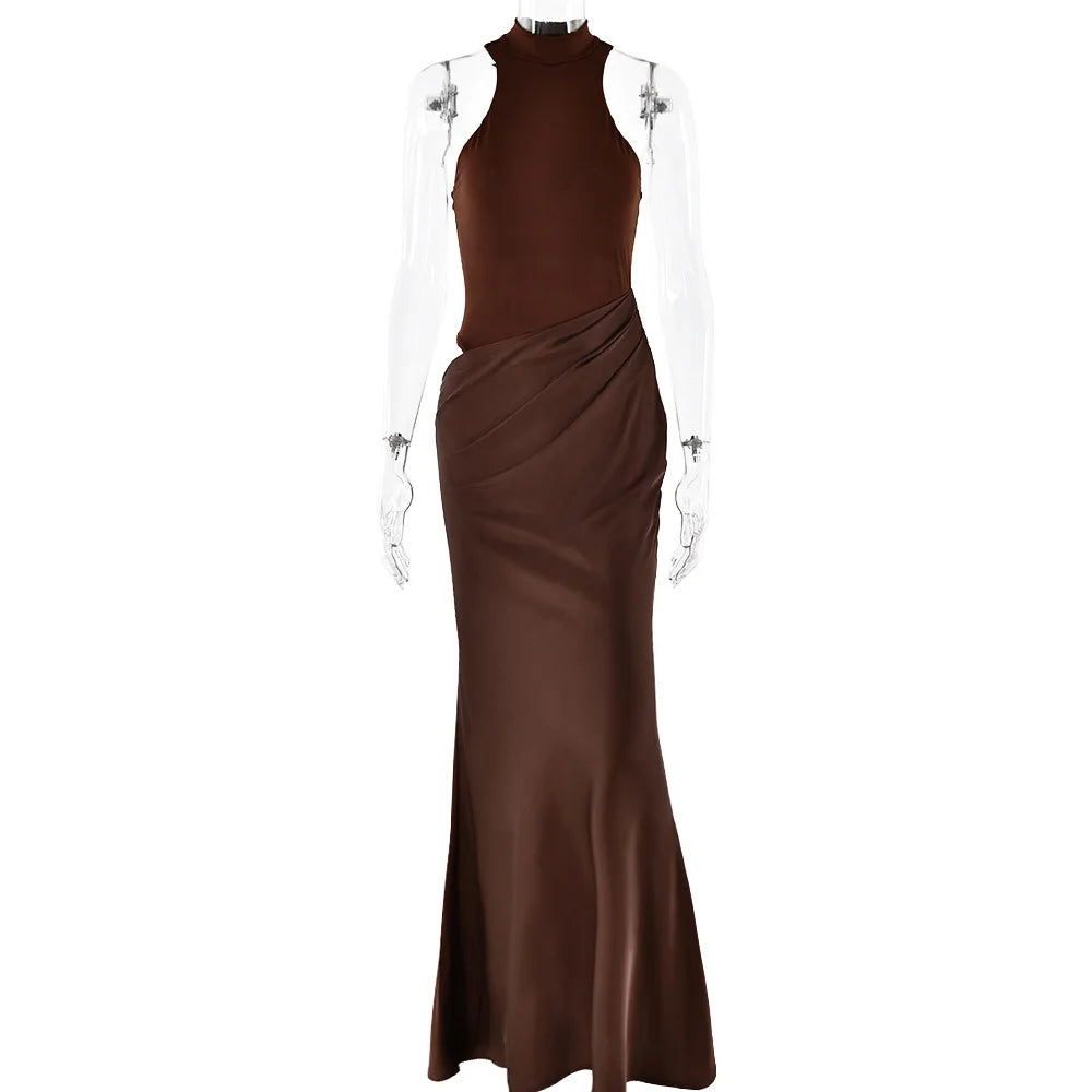 JULISSA MO Abito lungo da donna sexy scollato in raso Abito lungo nero senza maniche a vita alta Donna Autunno Skinny Elegante Party Clubwear